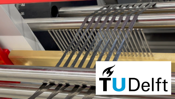 TU Delft logo and an image of fibre tow carbon fibre processing equipment