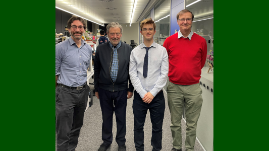Photograph of Charlie Shaw (second from the right) with his supervisor Prof Milo Shaffer (left) and examiners Prof Terry McGrail (second from the left) and Prof Paul Lickiss (right)