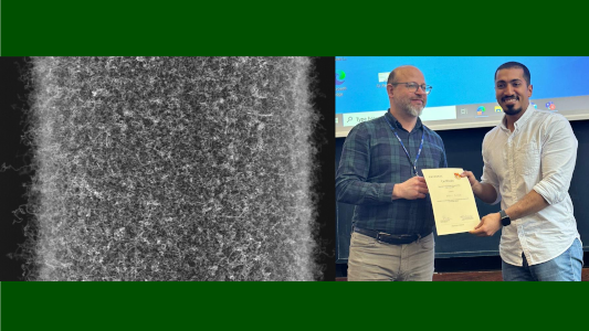 Hassan's award winning scientific image of carbon nanotube-grafted-carbon fibre (left), Hassan being  presented his award for winning Best Speaker at Imperial College London Materials Department Annual Post-graduate Day 2024 (right).