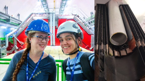 Dr Laura Pickard and Dr María Soledad Molina González inside the LHC at CERN and an insert of mock up showing small trusses and plates around beamline. Image credit (left) María Soledad Molina González and (right) Dr Laura Rhian Pickard