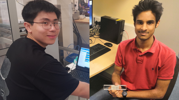 Luca Lu (left) next to the DOBOT MG400, and Harshul Jolly (right) modelling during their NextCOMP internship at UOB, 2022
