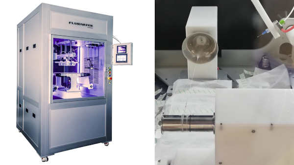 A stock image of the Bioinicia Fluidnatek LE-500 electrospinning equipment and a test run with NextCOMP materials